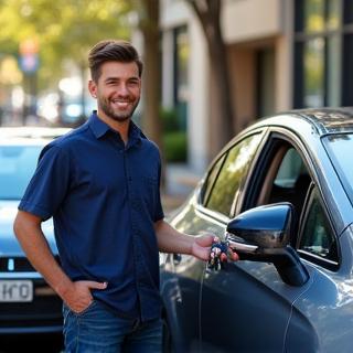 Client satisfait recevant les clés de sa voiture brillante à Lyon